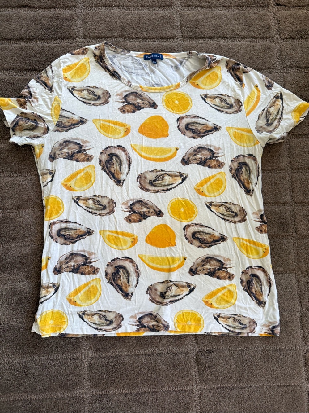 Katie Kime White Short Sleeve Tee with Yellow Lemon & Brown Oyster Print
